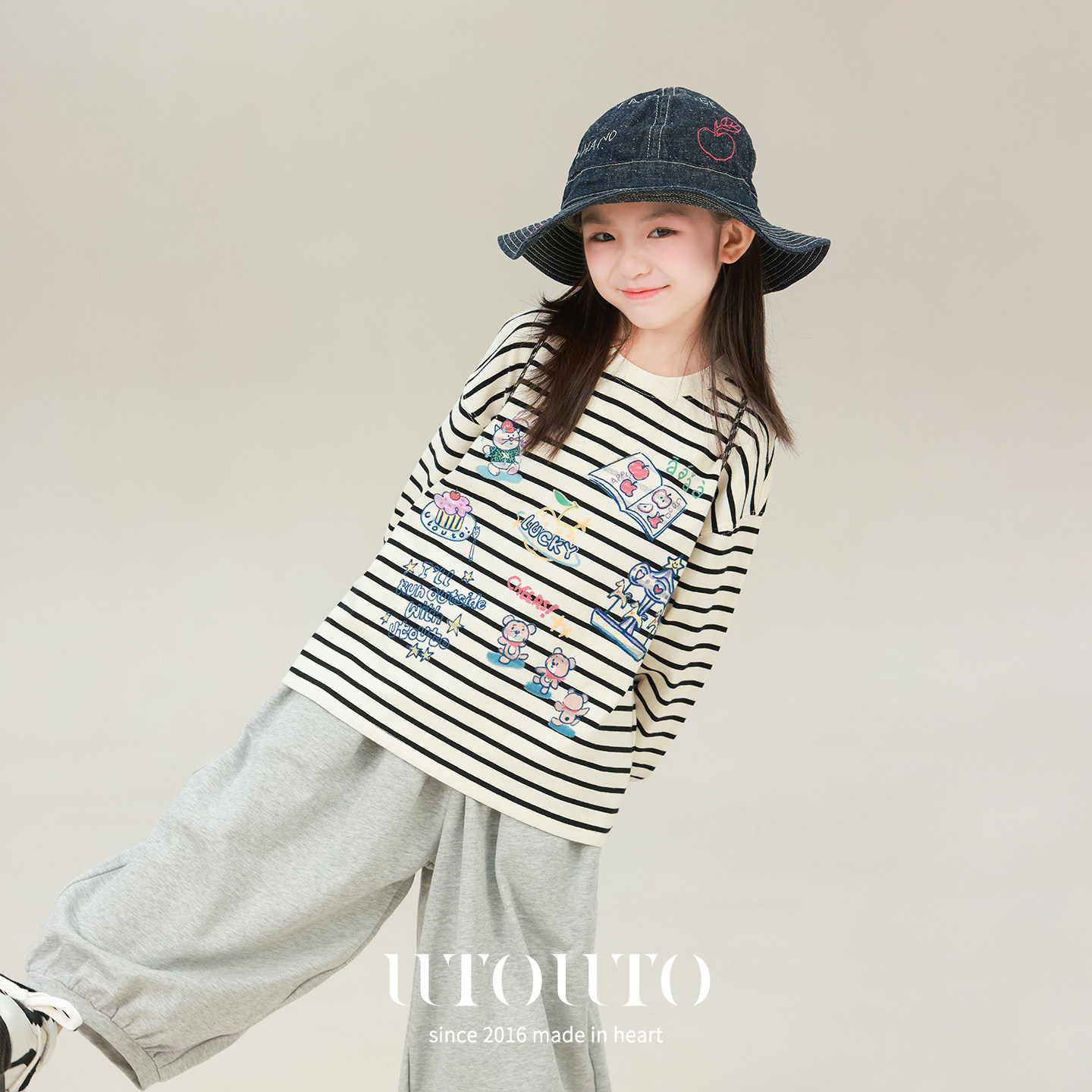 大耳象女童条纹印花T恤2026秋季新款宝儿纯棉卡通百搭休闲上衣潮图片