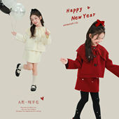 宝儿休闲羊毛保暖套装 大耳象女童毛呢外套纯色毛呢半裙冬季 新款