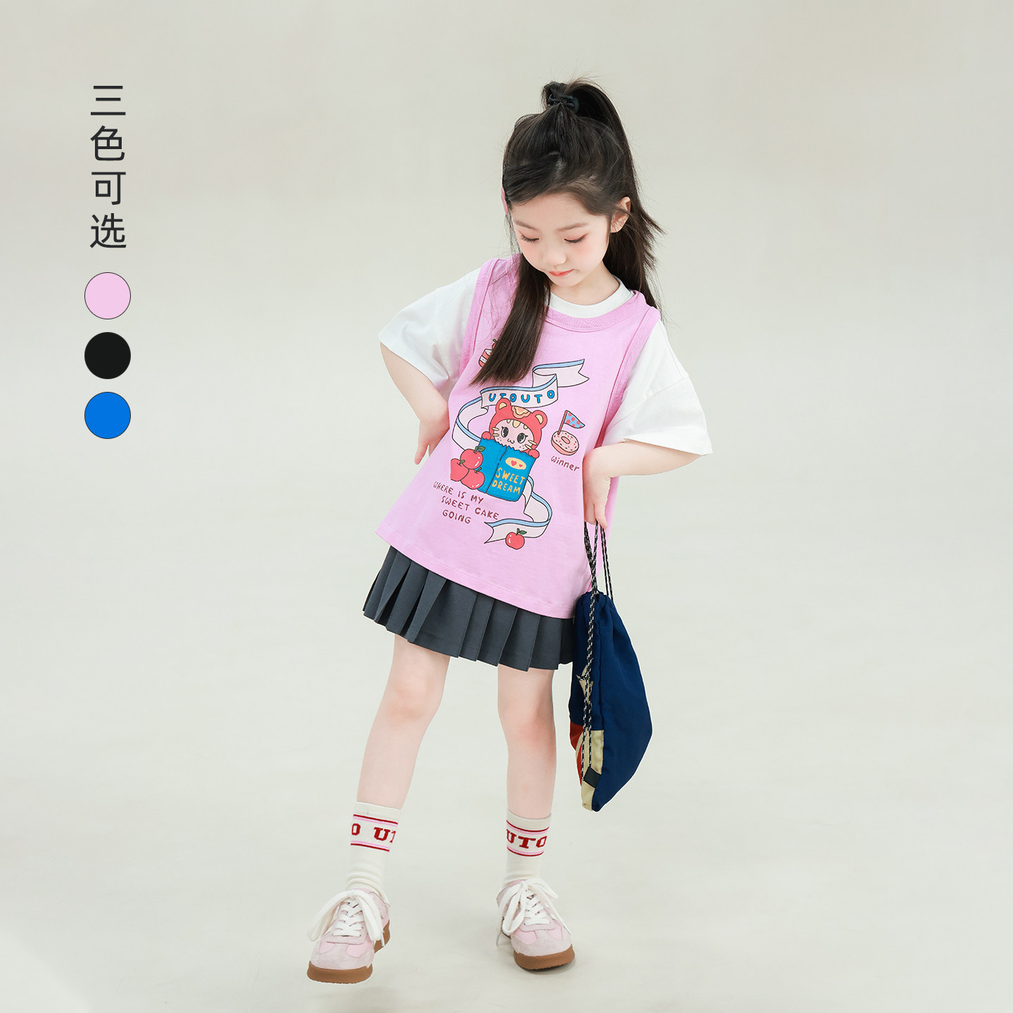 大耳象女童假两件卡通印花T恤2026夏季新款宝儿纯棉休闲薄上衣