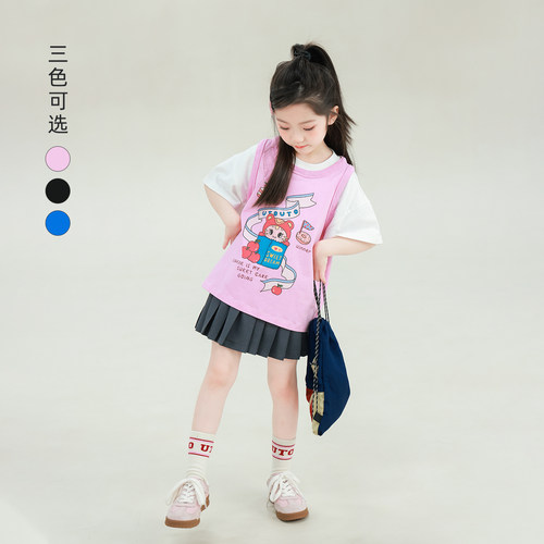 大耳象女童假两件卡通印花T恤2026夏季新款宝儿纯棉休闲薄上衣