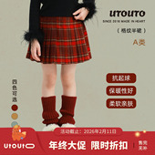 大耳象女童格纹百褶半裙冬季 新款 宝儿学院风休闲加厚半身短裙子