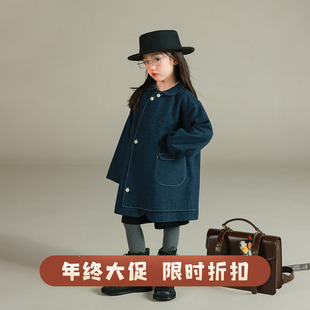 大耳象女童娃娃领斜扣大衣秋季新款宝儿翻领中长款长袖上衣外套