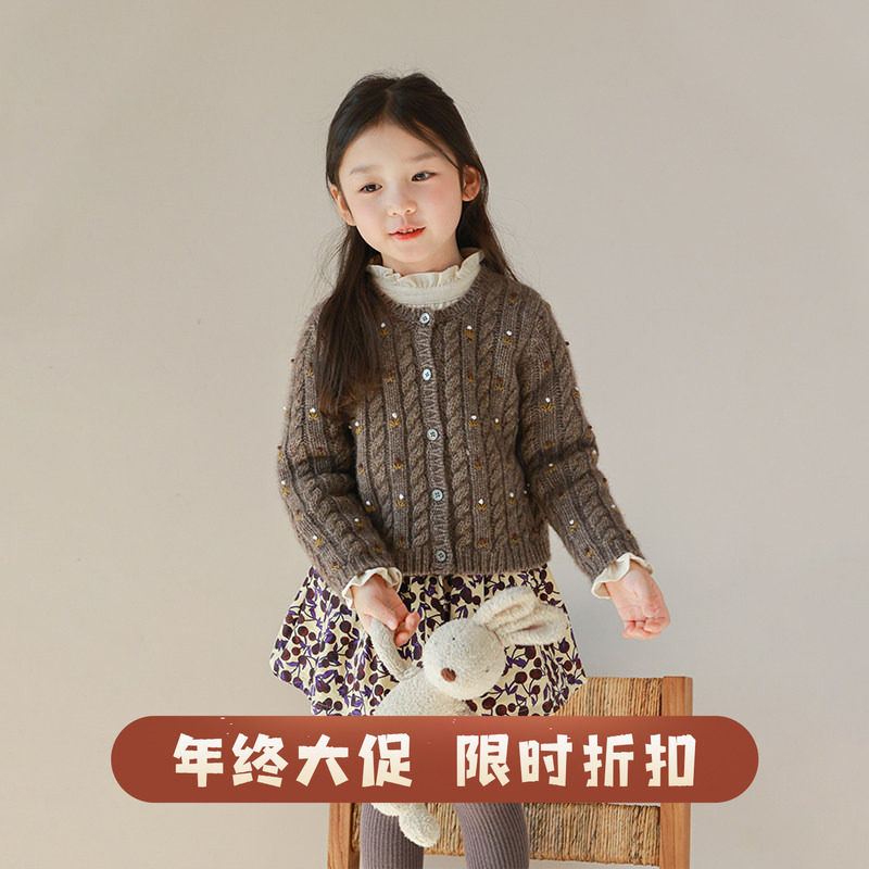 大耳象女童手工花朵麻花毛衣冬季新款绵羊毛耗牛绒上衣