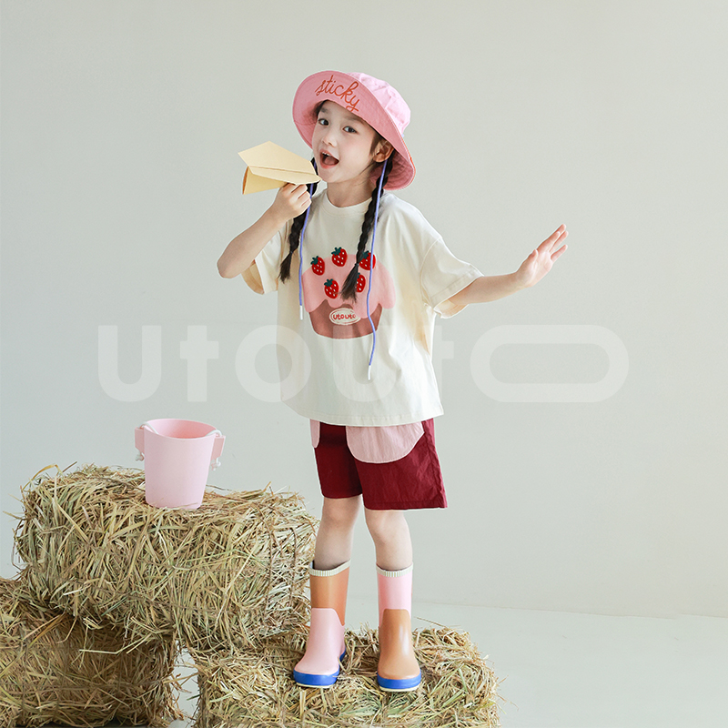 utouto大耳象女童草莓蛋糕短袖T恤2025夏季新款儿童宽松可爱上衣