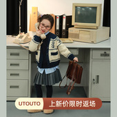 大耳象女童撞色边花朵毛衣开衫 宝儿厚针织羊毛混纺保暖上衣 冬新款