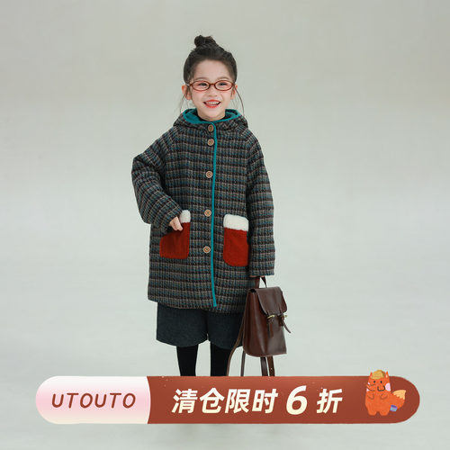 utouto冬季袜子口袋呢大衣