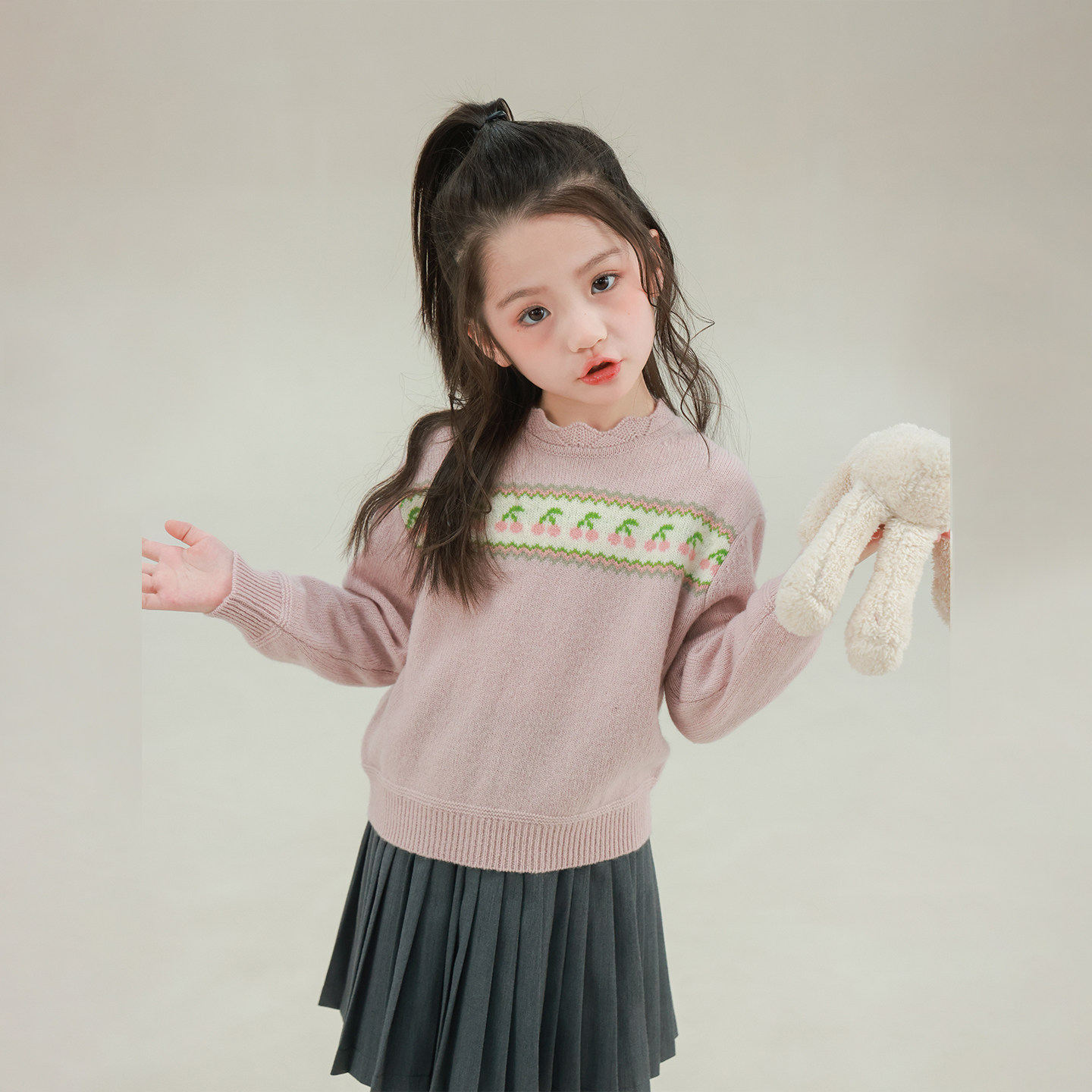 大耳象女童花边领樱桃毛衣2026春季新款宝儿纯羊毛针织长袖上衣