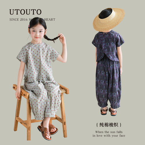 utouto夏季格子波点上衣+裤子