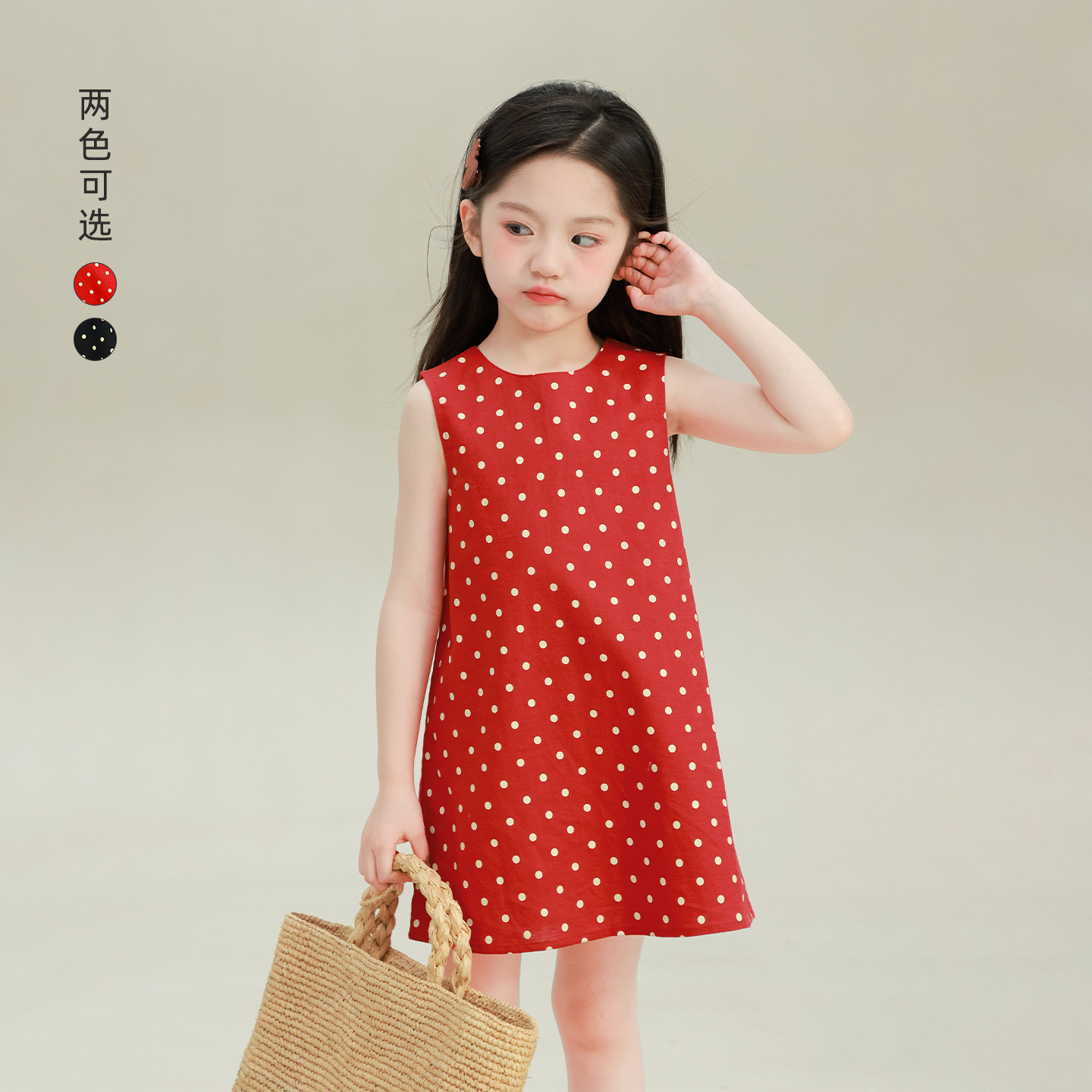 大耳象女童波点无袖连衣裙2026夏季新款宝儿休闲经典薄背心裙子