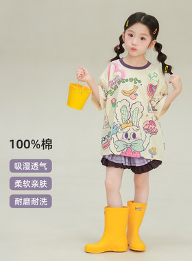 限量款大耳象女童印花T恤2026夏季新款宝儿纯棉绘画满印短袖上衣