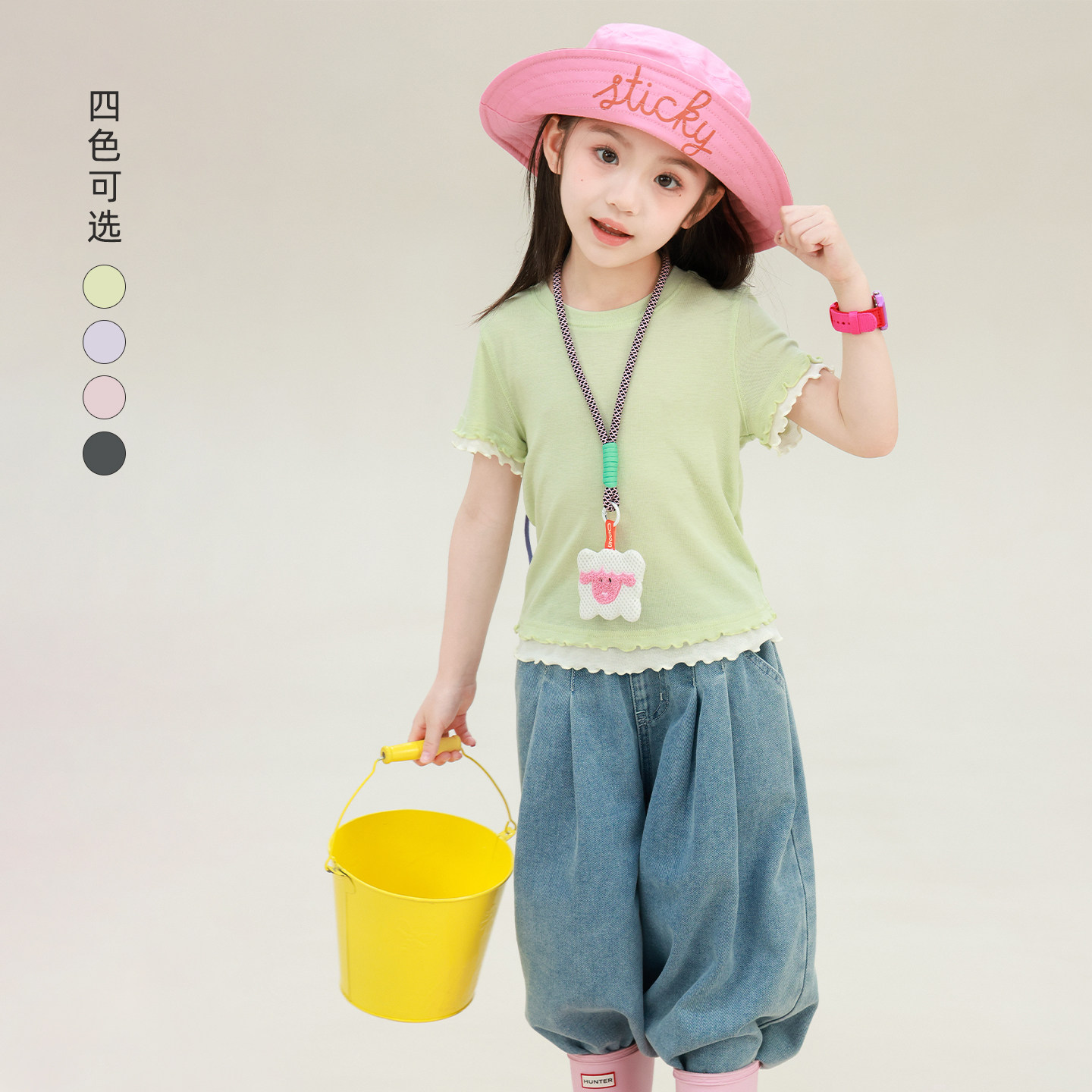 大耳象女童拼接花边袖子T恤2026夏季新款宝儿假两件百搭短袖上衣