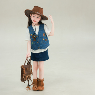 大耳象女童可爱刺绣牛仔马甲2026春季 宝儿休闲百搭潮流上衣 新款