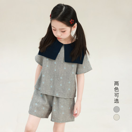 大耳象女童波点翻领套装2026夏季新款宝儿舒适气质薄短袖短裤套装