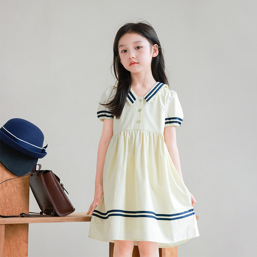 大耳象女童撞色学院风翻领连衣裙夏新款宝儿天丝棉裙子