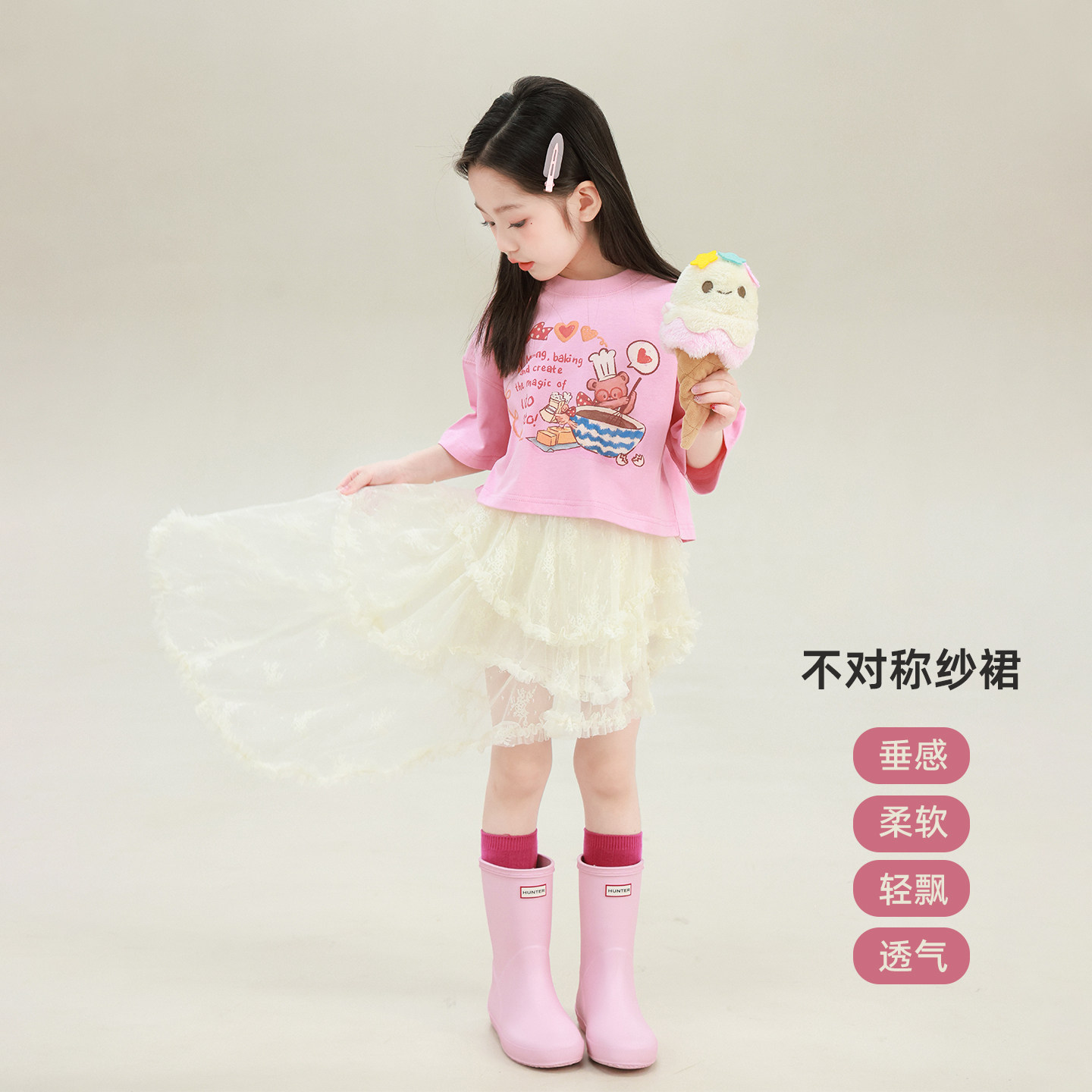 大耳象女童不对称网纱裙裤2026夏季新款宝儿甜美仙气提花薄半裙裤