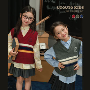 大耳象女童英伦风v领毛衣马甲秋季款宝儿学院针织上衣