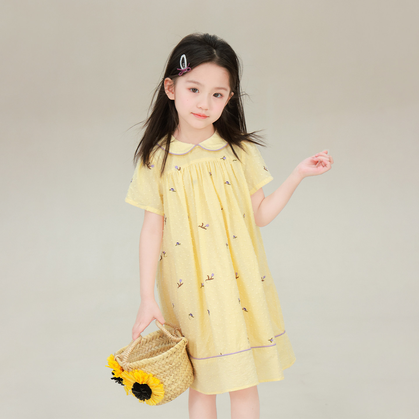 大耳象女童小花连衣裙2026夏季新款宝儿纯棉撞色娃娃领可爱裙子薄
