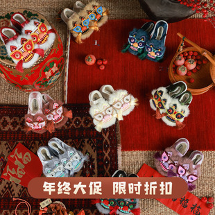 大耳象女童手工虎头鞋冬季新款宝儿加绒魔术贴中式年款鞋子过年