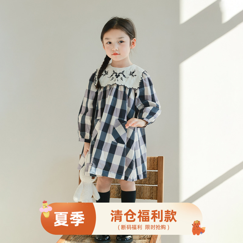 utouto春秋刺绣格纹连衣裙