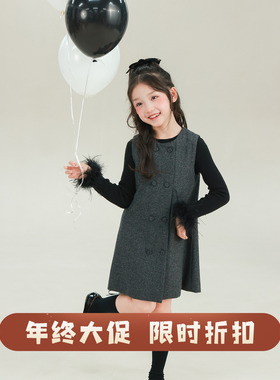 大耳象女童双排扣毛呢背心裙冬季新款宝儿羊毛混纺纯色连衣裙子厚