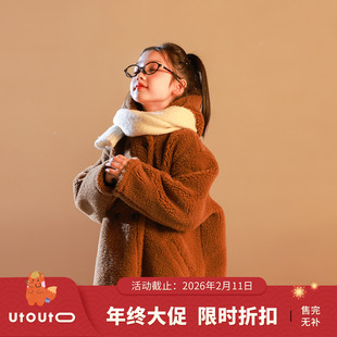 大耳象女童连帽毛绒大衣冬季新款宝儿复古百搭长款保暖加厚外套