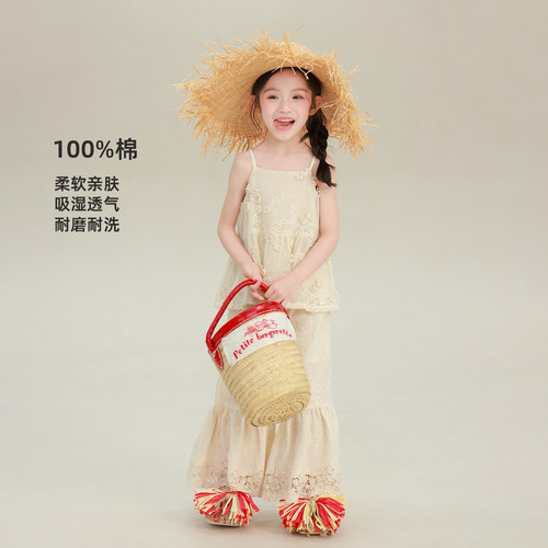 大耳象女童蕾丝吊带/蕾丝花边喇叭裤2026夏季新款宝儿森系薄套装
