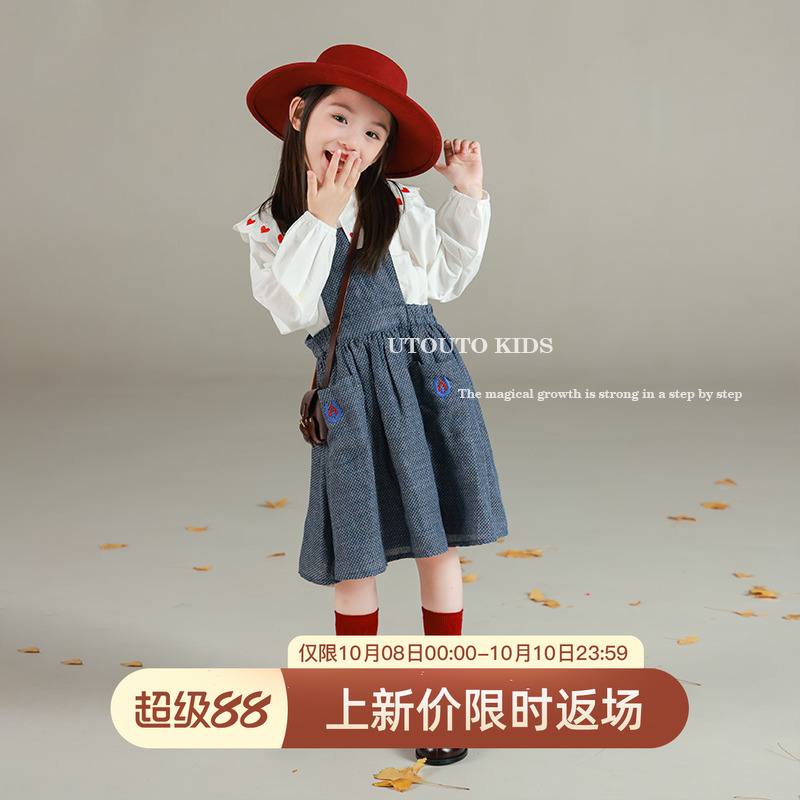utouto大耳象女童口袋刺绣背带裙2025秋季新款宝儿休闲洋气裙子
