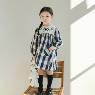 裙子 儿童时尚 大耳象女童刺绣翻领格纹连衣裙夏季 新款