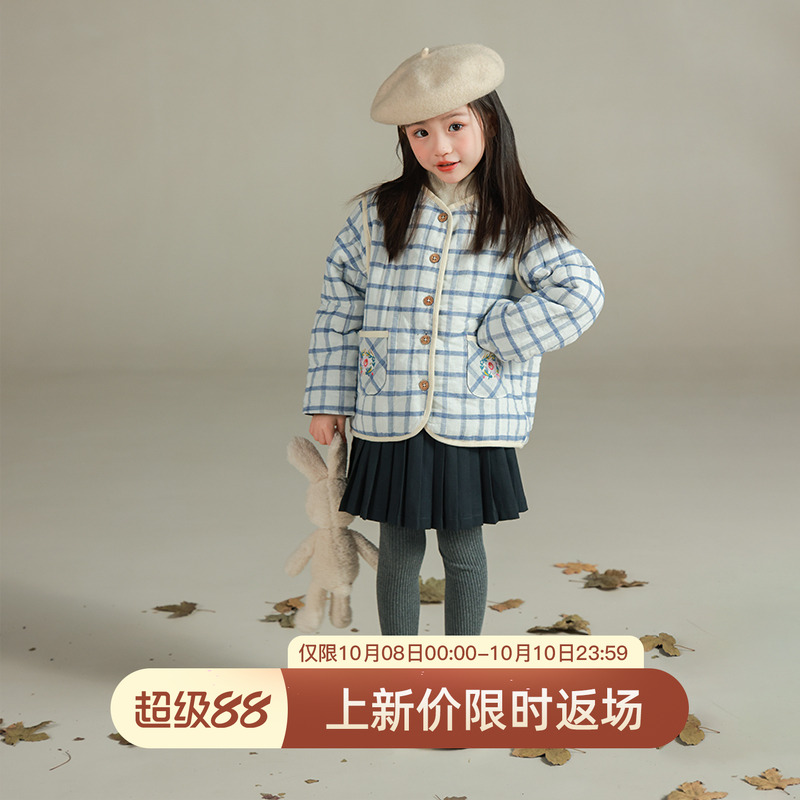 utouto刺绣口袋格纹棉服