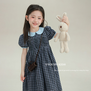 大耳象女童撞色翻领打揽格子裙2026春季 宝儿娃娃领连衣裙子潮 新款