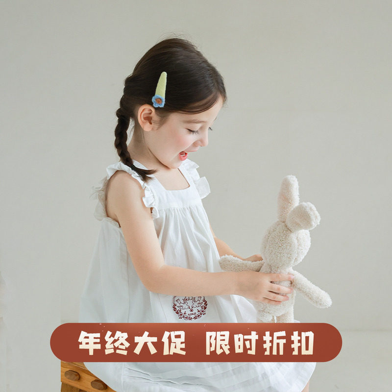 大耳象女童口袋绣花纯色连衣裙夏季新款儿童纯棉薄裙子