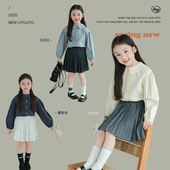 新款 春季 儿童纯色休闲洋气百搭尖领上衣潮 小衫 大耳象女童翻领长袖