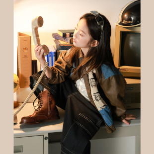 utouto大耳象女童拼接皮衣2025秋季 宝儿潮酷休闲百搭外套上衣 新款