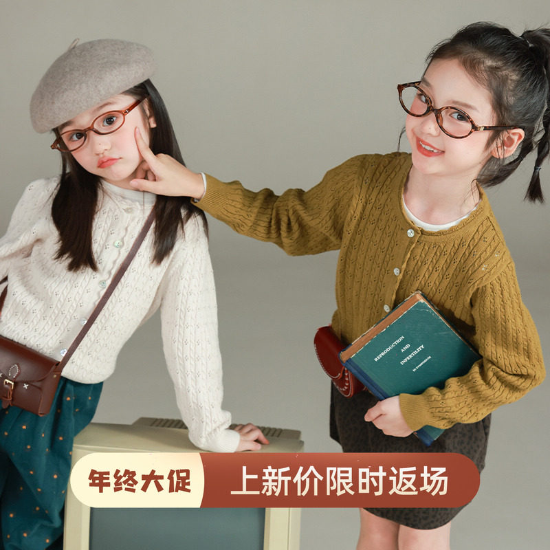 大耳象女童镂空麻花毛衣开衫秋季新款宝儿复古宽松针织上衣