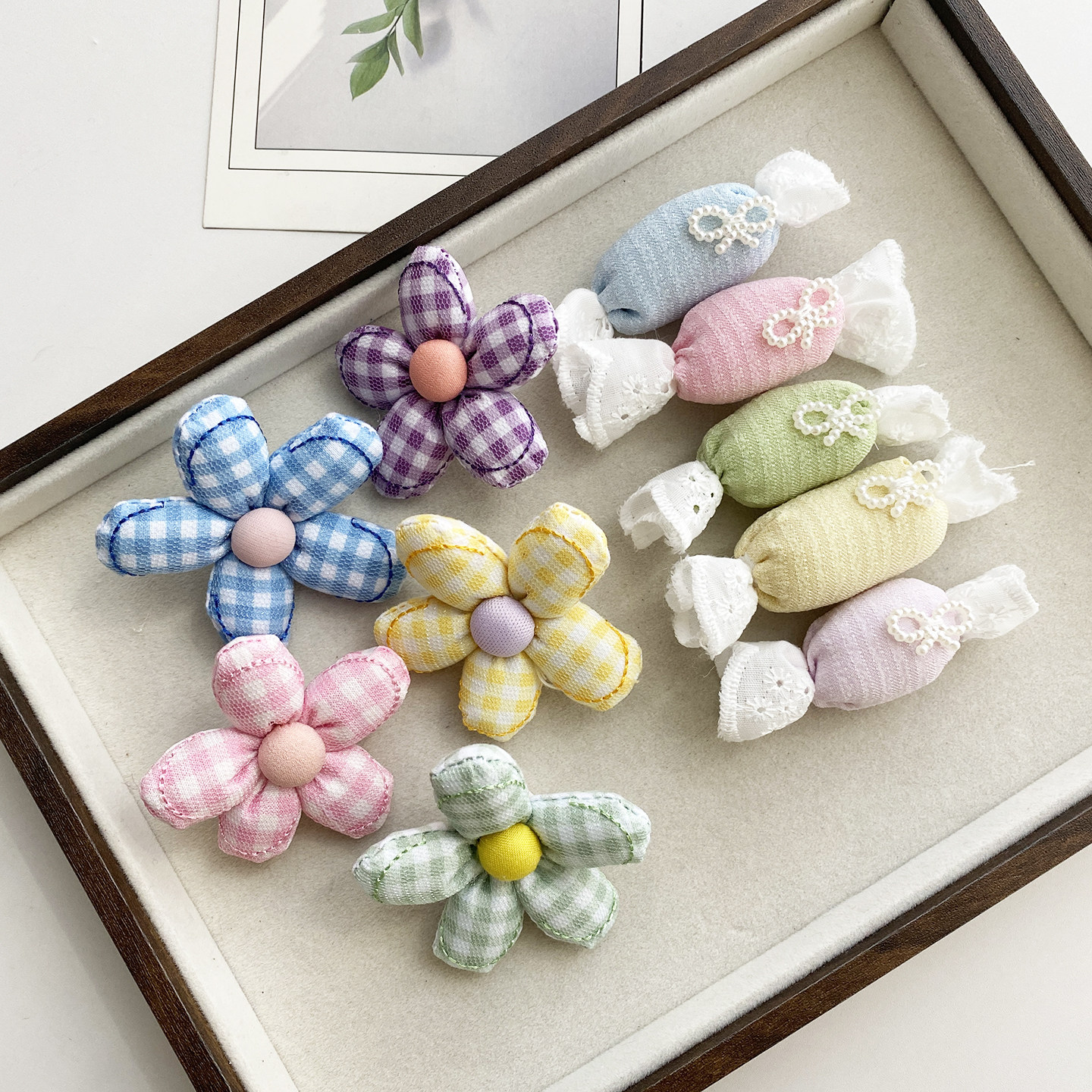 手工DIY格子花朵胸针布艺蝴蝶结糖果饰品配件可爱包包鞋装饰辅料