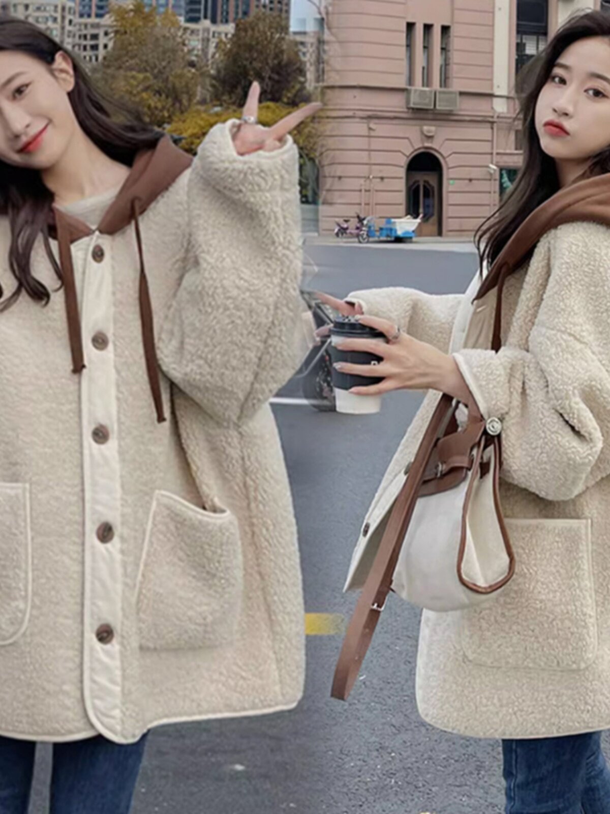 출산 착용 FUFU 양모 코트 여성 가을 겨울 두꺼운 한국 스타일 느슨한 까마귀 유행 엄마 탑