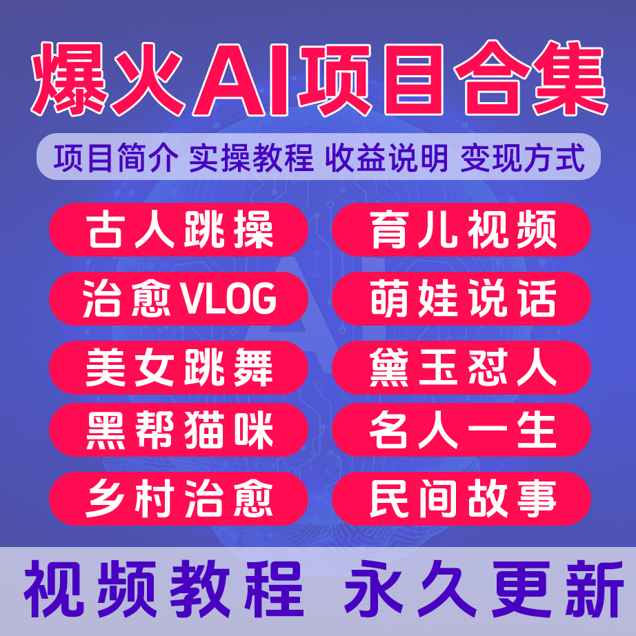 AI项目合集实操变现视频教程乡村治愈VLOG名人一生萌娃说话育儿课