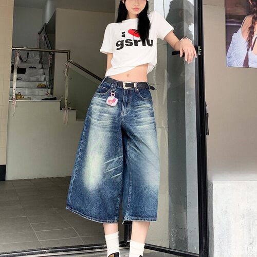 美式复古水洗做旧七分牛仔短裤女夏2026新款宽松百搭廓形阔腿中裤