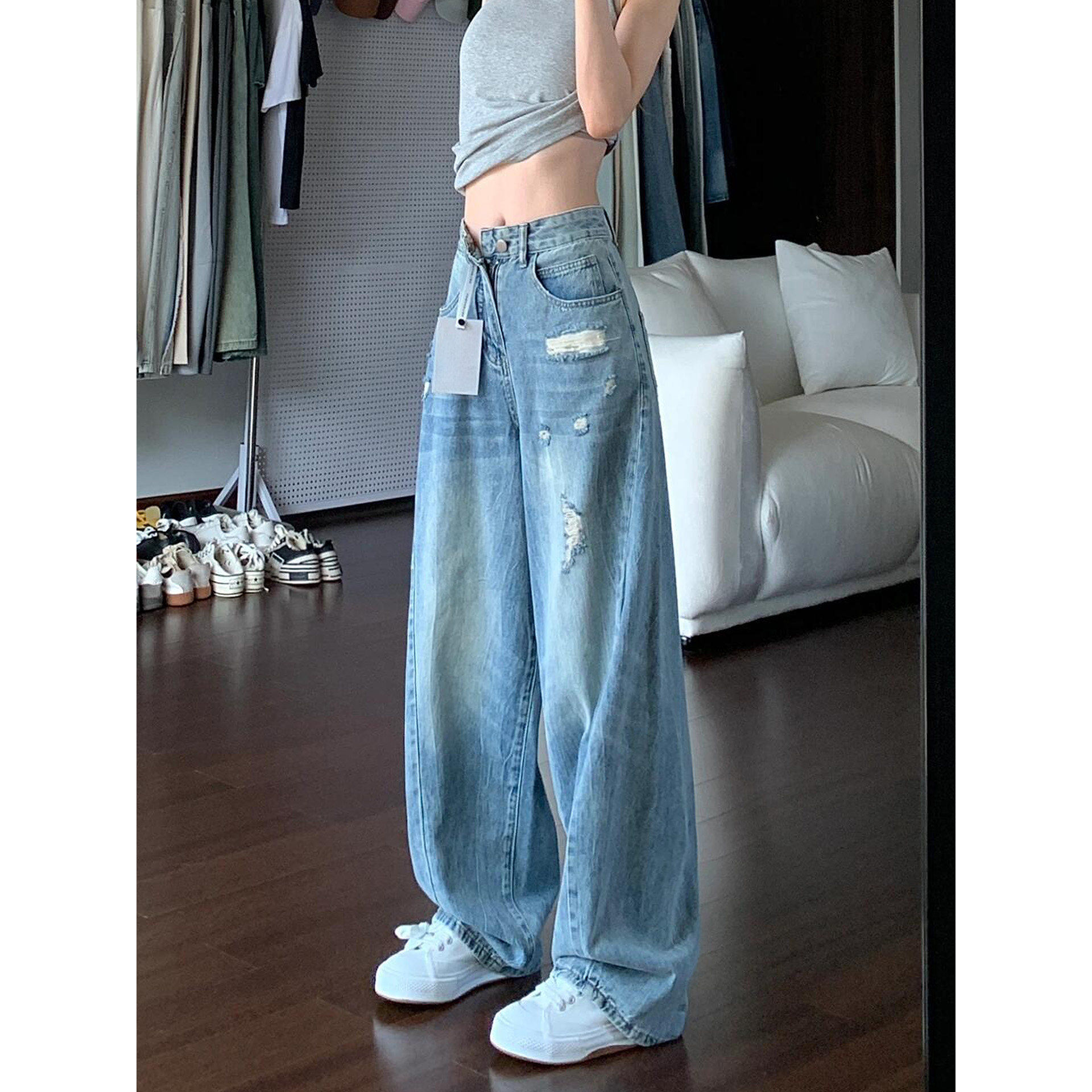 美式蓝色破洞阔腿牛仔裤女夏季新牛仔裤