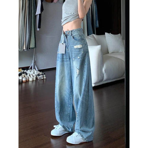 美式蓝色破洞阔腿牛仔裤女夏季新款大码胖mm高腰宽松显瘦直筒长裤