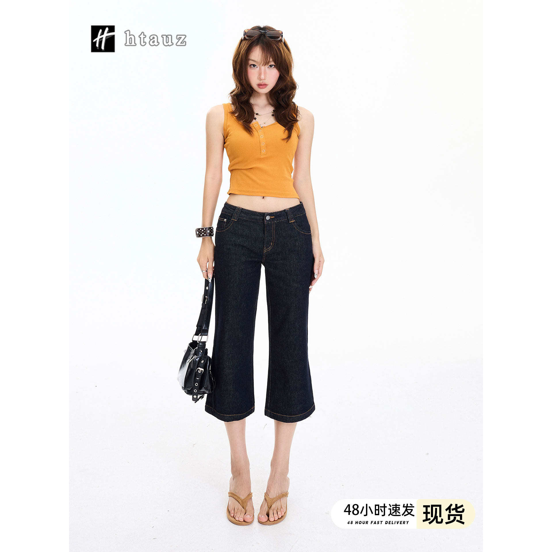 美式复古低腰微喇叭裤牛仔七分裤女2026夏季新款弹力修身显瘦中裤图片