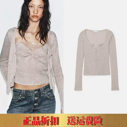 ZA家女装秋季新品法式假两件长袖V领蕾丝拼接上衣针织外套5644315