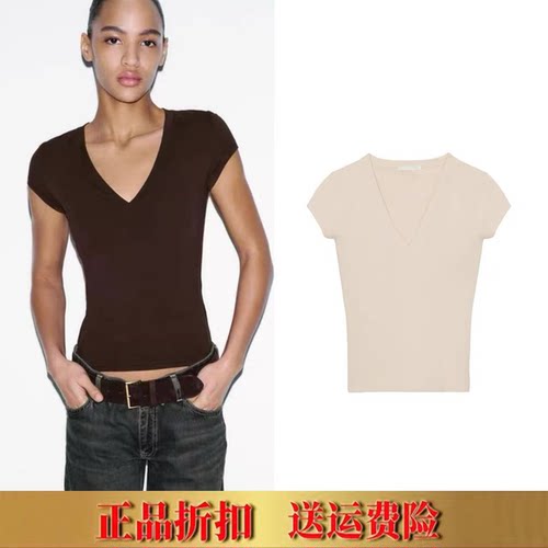 ZA家春夏新款女装辣妹纯欲风修身V领正肩短袖棉质纯色T恤 4174315