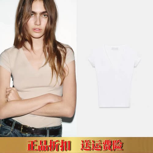 2026春夏新品女装辣妹风美式复古短袖修身简约正肩V领T恤4174315