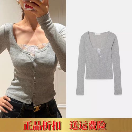 ZA家女装春夏新品法式假两件长袖V领蕾丝拼接上衣针织外套5644315