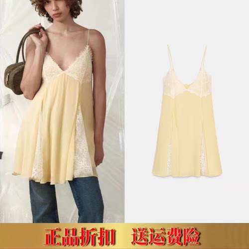 ZA家夏新品女装V领撞色蕾丝拼接打褶吊带短裙迷你连衣裙4772321