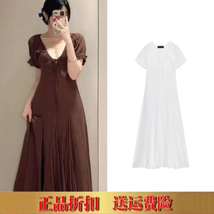 ZA家春夏新品法式蝴蝶结V领薄纱波浪式宽摆迷笛连衣裙长裙0881344