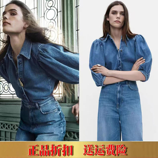 5216053 2025春夏新款 牛仔水洗衬衫 甜美翻领港味蓬蓬短袖 400 女装