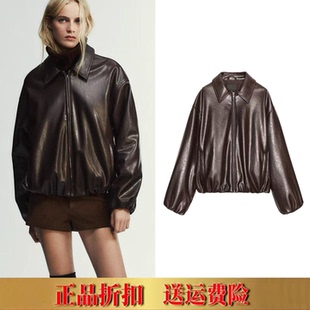 ZA家春季女装时尚深棕色翻领仿皮夹克 短款宽松巧克力皮衣4341736