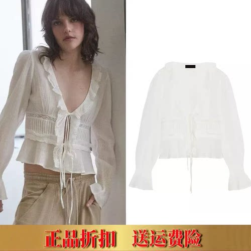 ZA春夏新款女装甜美时尚V领薄纱刺绣叠层装饰长袖衬衫女 0881016